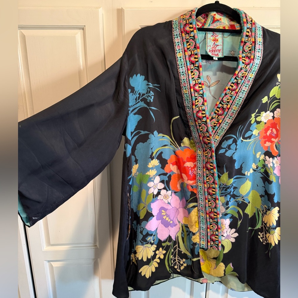 Johnny Was Black Floral Embroidered Kimono Jacket with Multicolor Trim